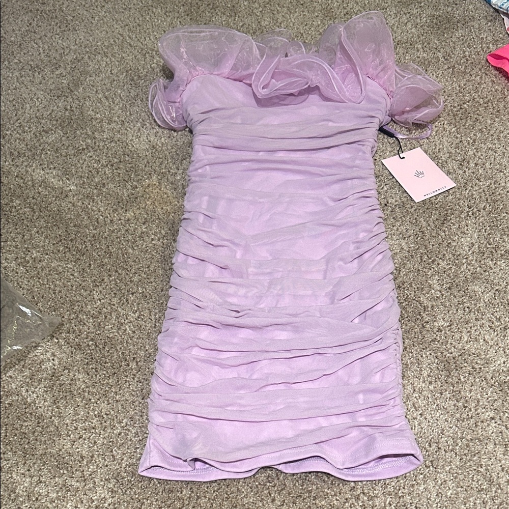 Hello Molly Lavender Ruffle Off-Shoulder Bodycon Dress